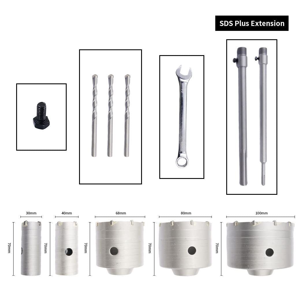 Betonbohrer-Set 11Stk, LAIWEI Lochfräser 30mm, 40mm, 65mm, 80mm, 100mm. mit 3 SDS-Bits und 2 x 300mm