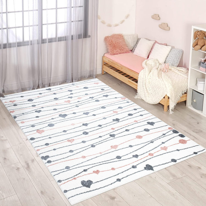 carpet city Teppich Kinderzimmer Herzen - Creme - 160x230 cm - Kinderteppich Kurzflor mit Punkten, S