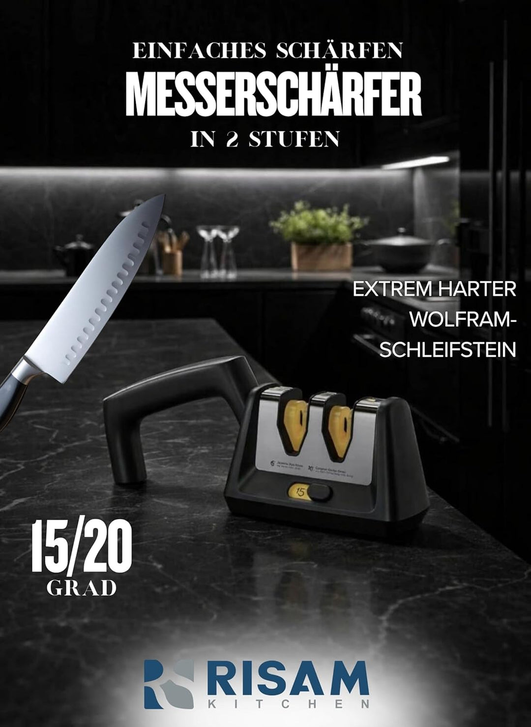 Messerschärfer – 2-stufiges Schleifsystem mit Diamant- & Wolframeinsätzen – Rutschfester Standfuss –