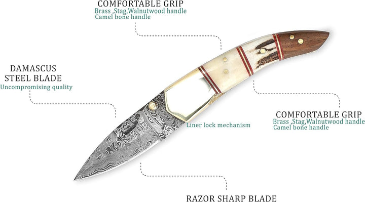 Perkin Knives Taschenmesser/Camping-Werkzeug, Damastklinge, handgemacht