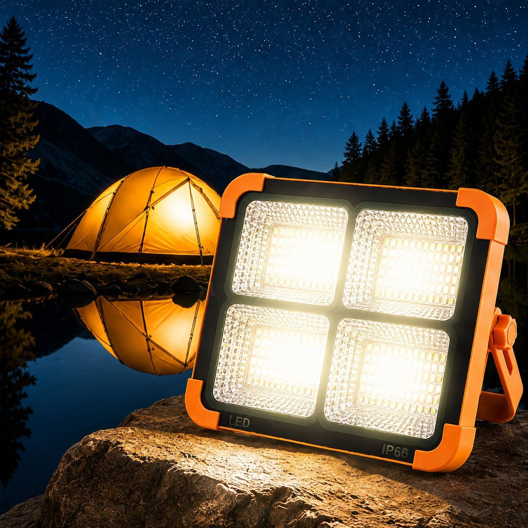 Jandei - 100 W Solar-LED-Strahler, tragbar. 5 Lichtmodi/336 LEDs. Mit Magnet und Halterung. USB/Sola