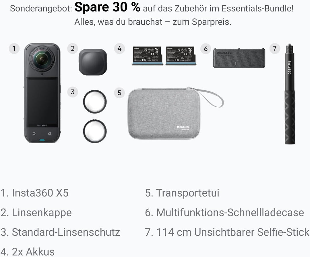 Insta360 X5 Must-Have-Bundle - Wasserdichte 8K 360°-Action-Cam, Führend bei wenig Licht, Unsichtbare