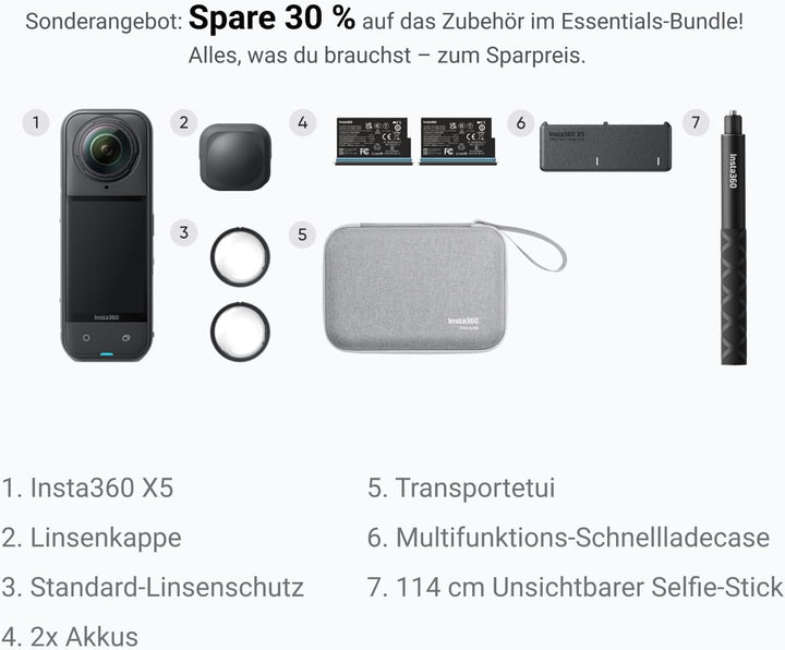 Insta360 X5 Must-Have-Bundle - Wasserdichte 8K 360°-Action-Cam, Führend bei wenig Licht, Unsichtbare