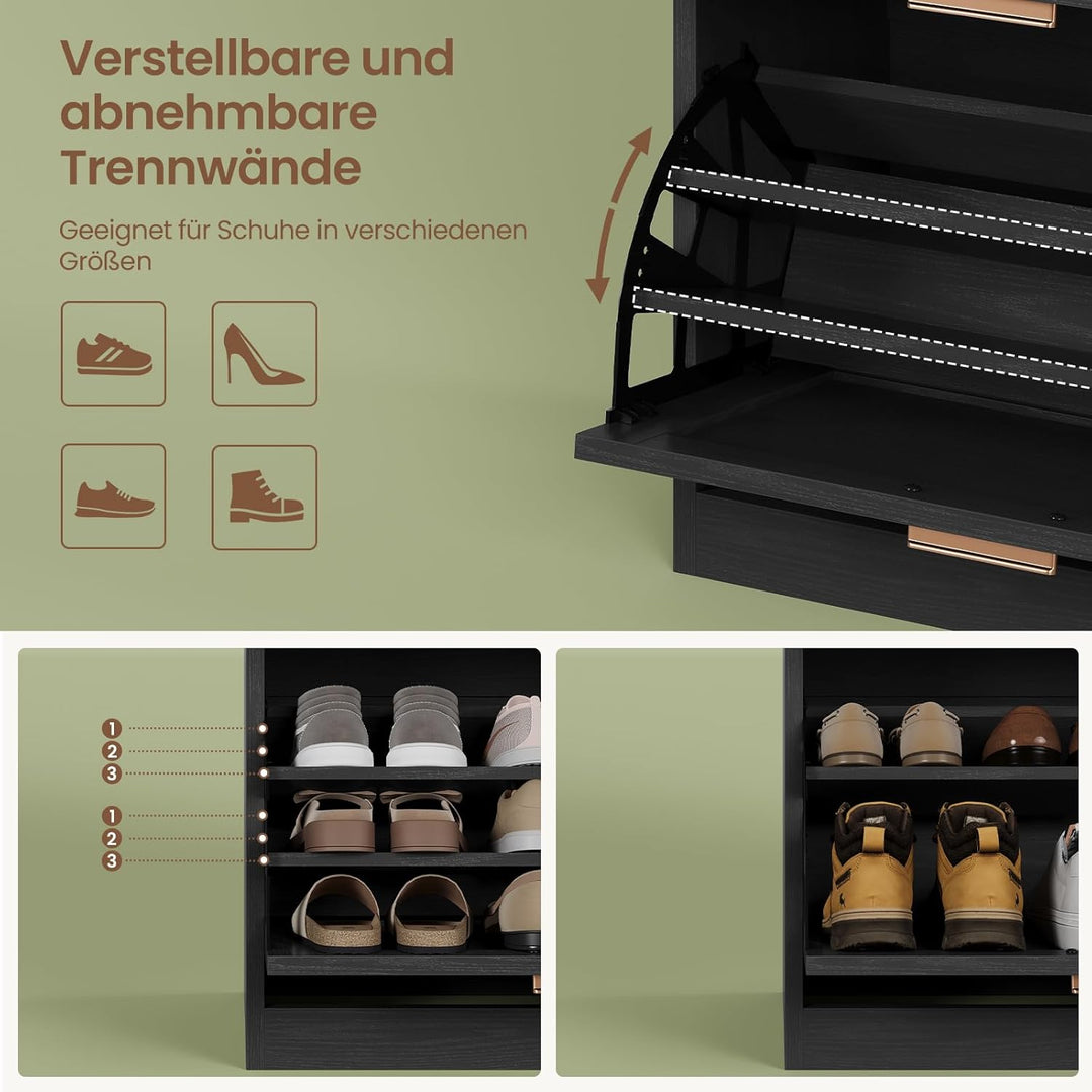 Schuhschrank mit 2 Klappen, Schuhkipper Schmal, Schuhschrank mit 1 Schublade, Schrank, Trennwand Ver