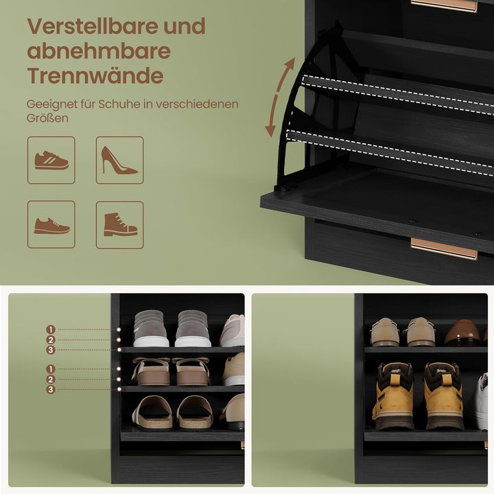 Schuhschrank mit 2 Klappen, Schuhkipper Schmal, Schuhschrank mit 1 Schublade, Schrank, Trennwand Ver