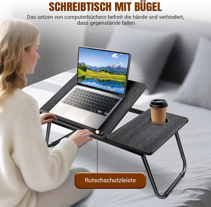Klappbarer Laptop-Tisch mit Getränkehalter, tragbarer Betttisch für Laptop, Lesen, Essen & Arbeiten,