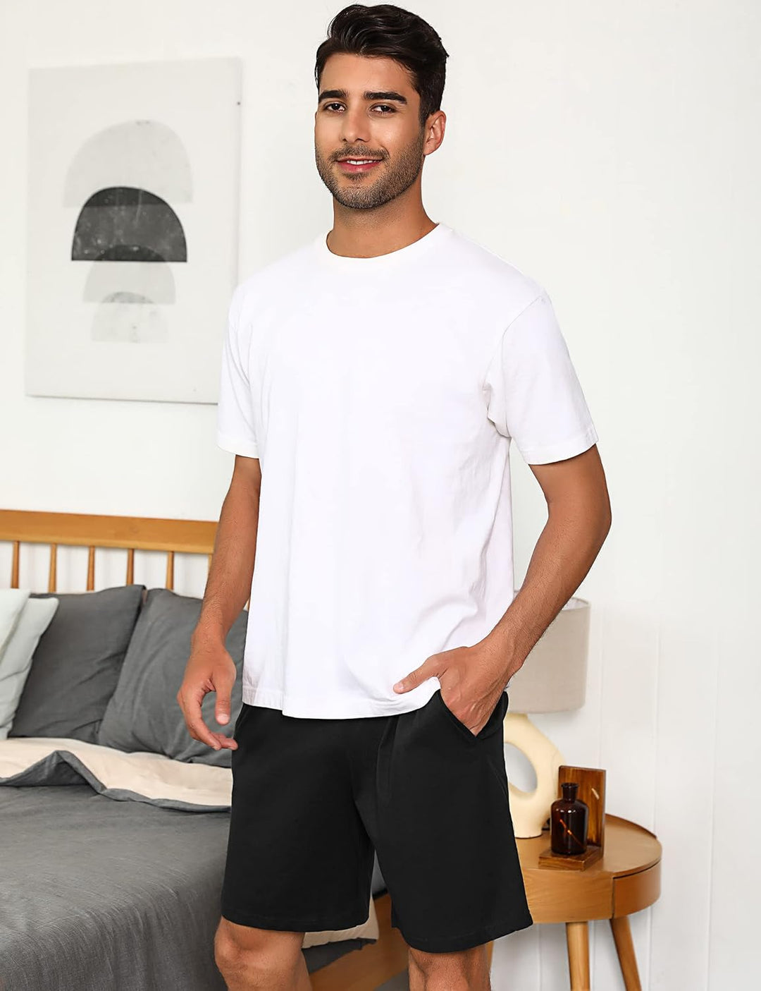 Irdcomps Herren Schlafanzughose Baumwolle Kurz Pyjamahose Schlafhose Schlafshorts Sommer Bermudahose