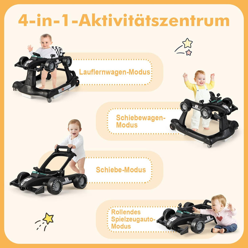 DREAMADE Lauflernhilfe, 4 in 1 Autoförmiger Lauflernwagen mit einstellbarer Geschwindigkeit, Musik &