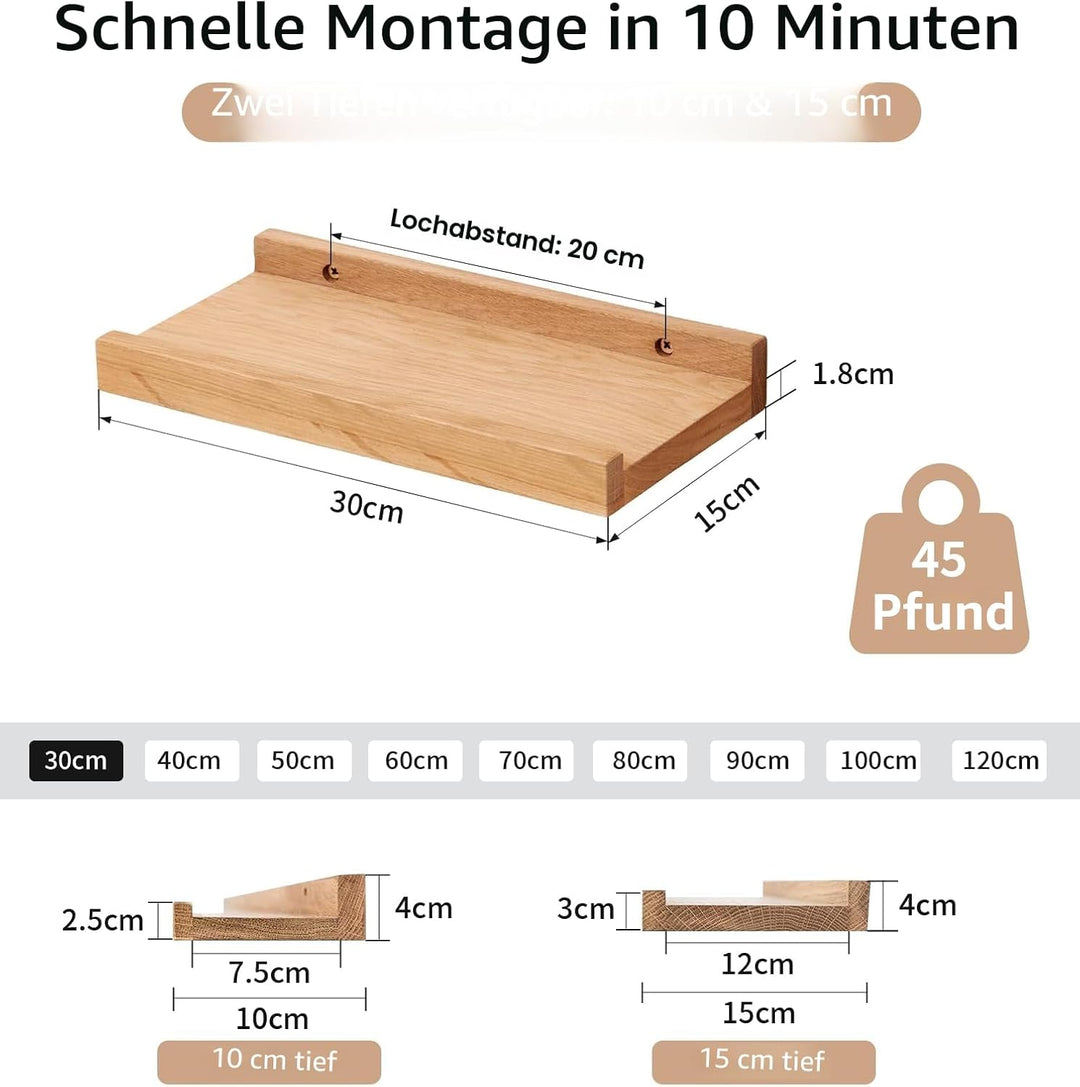 Bilderleiste Holz, 30cm Rustikales Eiche Massiv Schweberegal Wandregal gewürzregal Wand regalbrett H