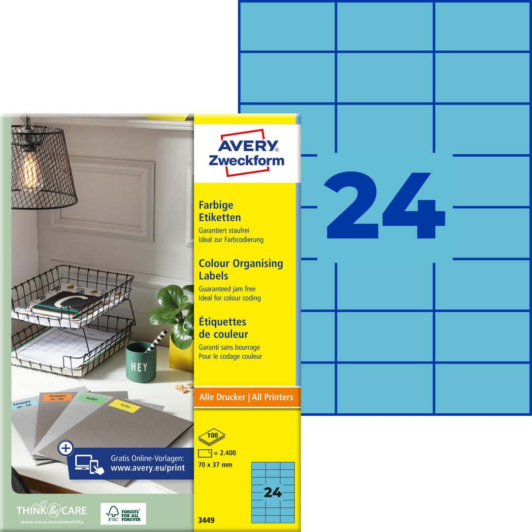 AVERY Zweckform 3449 Blaue Etiketten (2.400 Aufkleber, 70x37mm auf A4, permanent haftend, selbstkleb