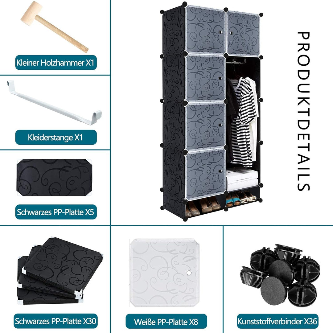 YUENFONG Kleiderschrank Regalsystem aus 8 Würfeln PP Material, Garderobenschrank mit Türen, Schuhsch