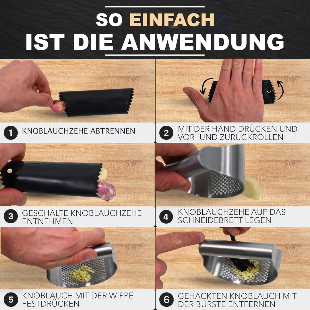 Knoblauchpresse Edelstahl 4-in-1 - Set Garlic Press & Knoblauchschneider mit Silikon-Schäler + Finge