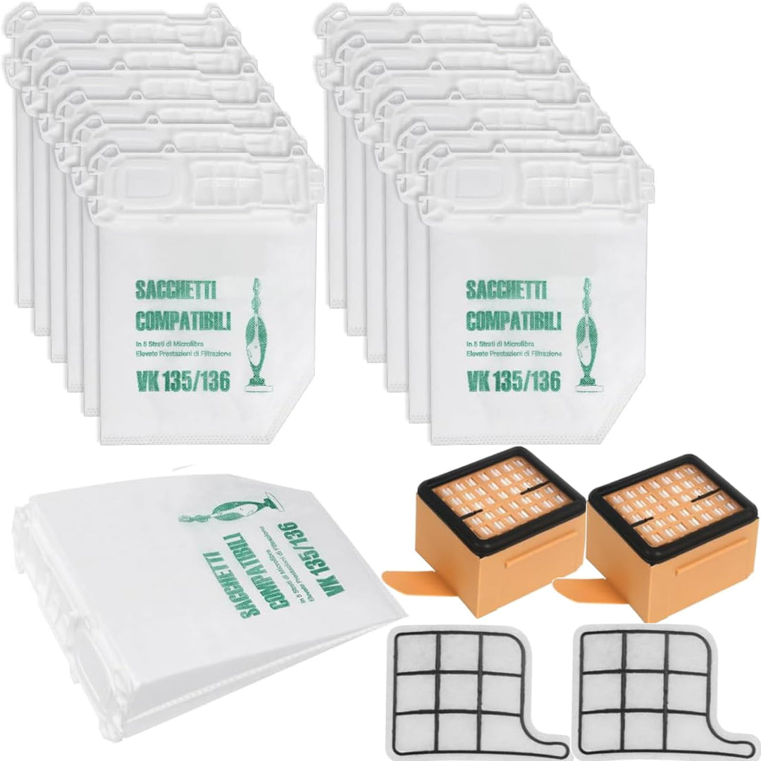 12 Staubsaugerbeutel und 2 Motorschutzfilter +2 Hygienefilter für VK Kobold VK 135 vk136 12+2+2, 12+