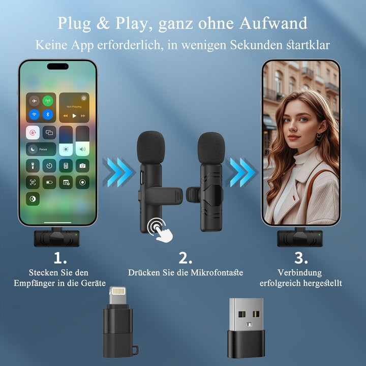 Kabelloses Lavalier Mikrofon mit Rauschunterdrückung,2 Mini Ansteckmikrofon Kompatibel mit iPhone/An