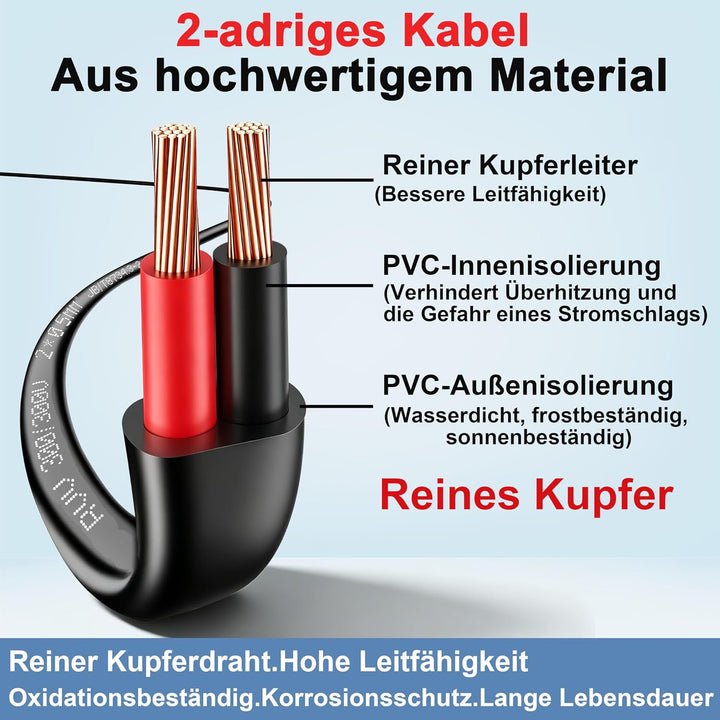 Flaches Zweiadriges Doppelkabel, 2 Leiter, 2 * 0,5 mm² 10 Meter Dünnwandiges Rotes/Schwarzes Flexibl