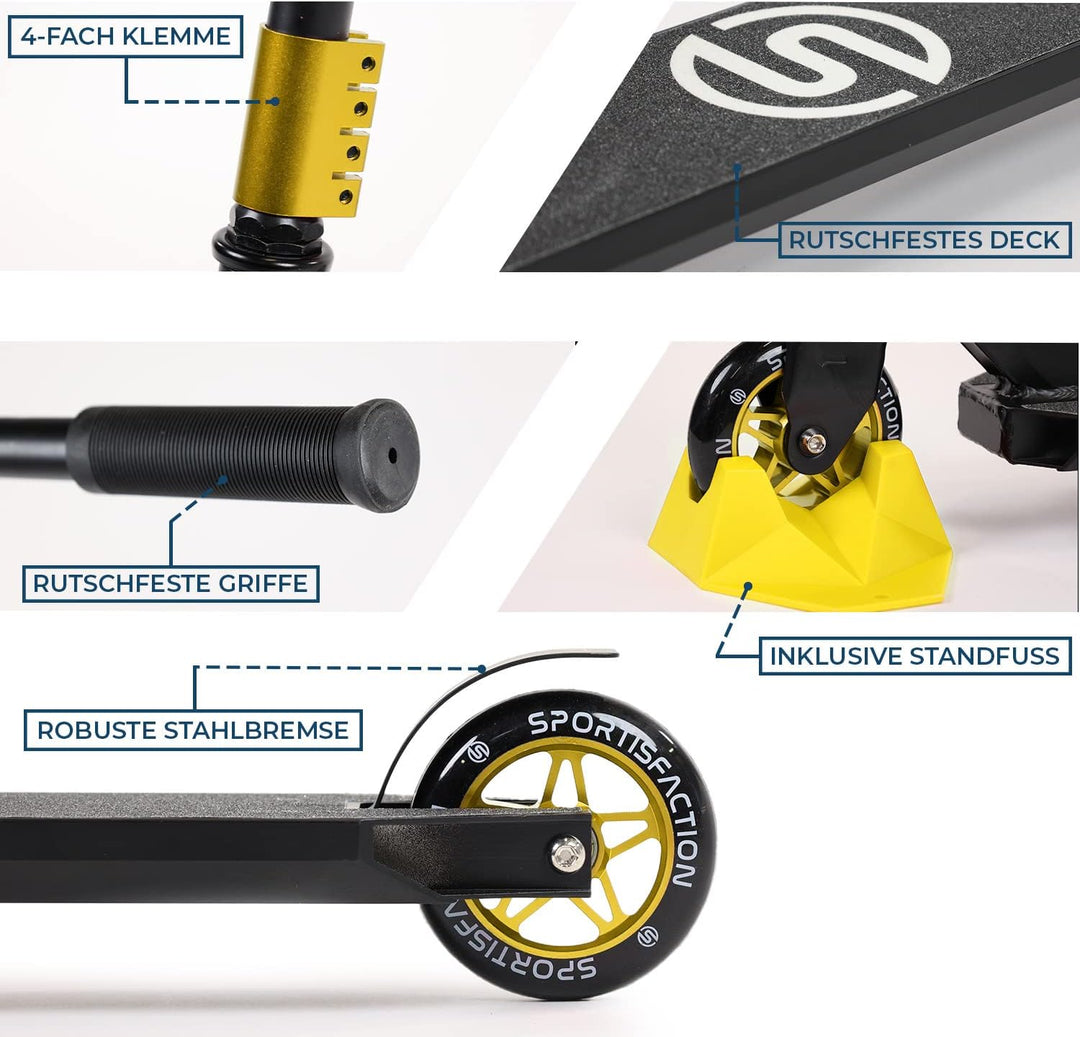 Sportisfaction Stuntscooter | Robustes Design für Tricks &amp; Stunts | ABEC11 Kugellager | 100kg Belast