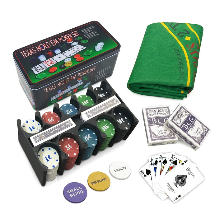 various Poker-Set aus Metallbox, 200 Pokerchips, 2 Abdeckungen, Distanzknopf, Brettspiel