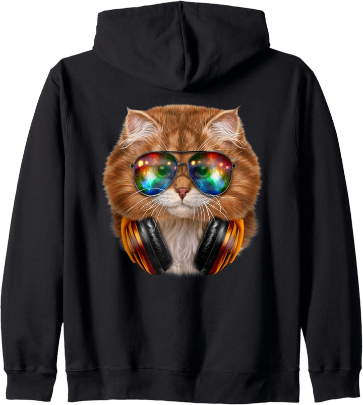 Orange Katze, die Raumsonnenbrille und Kopfhörer trägt Kapuzenjacke