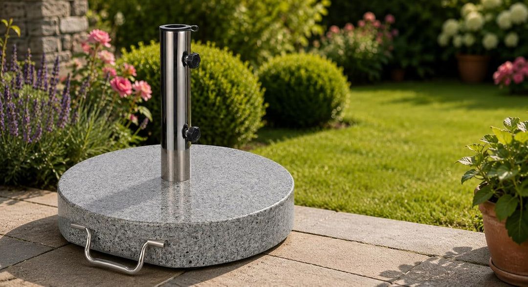 DIES&DAS Schirmständer aus Granit, Sonnenschirmständer rund, 45cm, 30kg, Edelstahlgriff, 2 Rollen fü