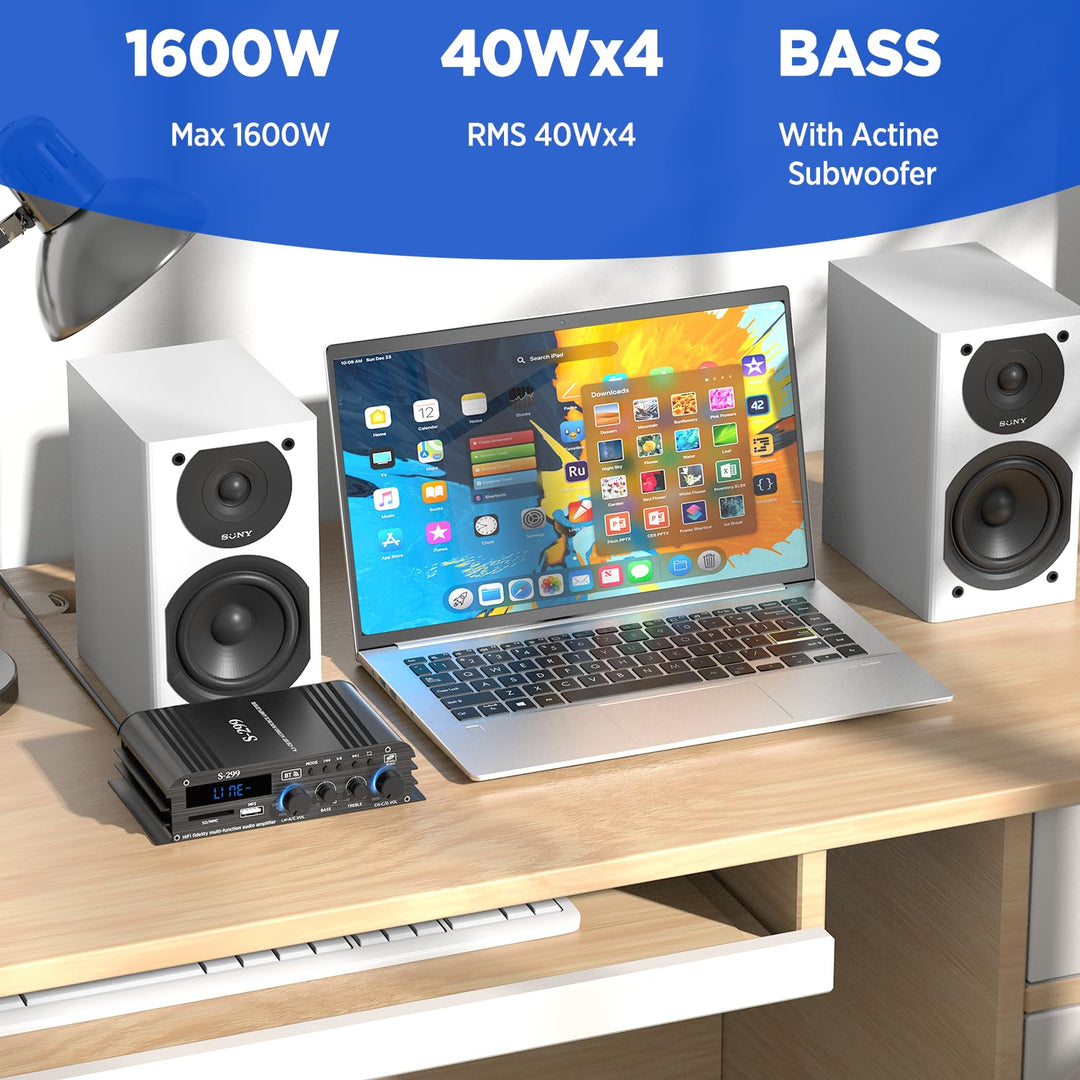 4.1-Kanal Verstärker, 1200W Mini HiFi Verstärker, Bluetooth 5.0 für Heimlautsprecher 40W x 4 + Activ