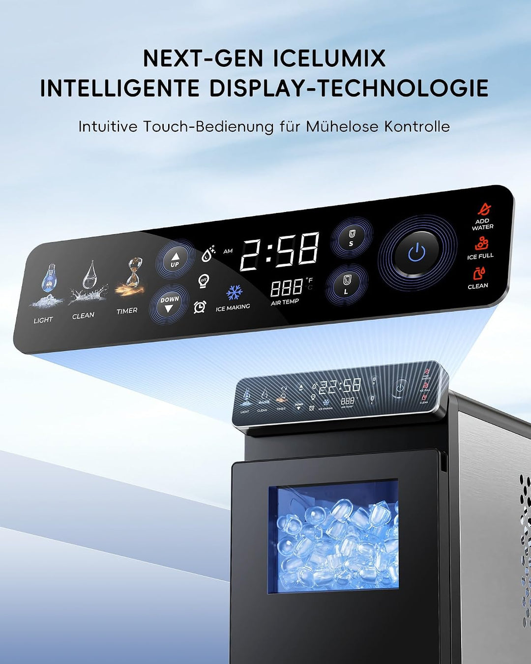 ecozy Eiswürfelmaschine Klein, Tragbar und Kompakt mit Farbdisplay, 24-Stunden-Timer, 12 KG/24H, Eis