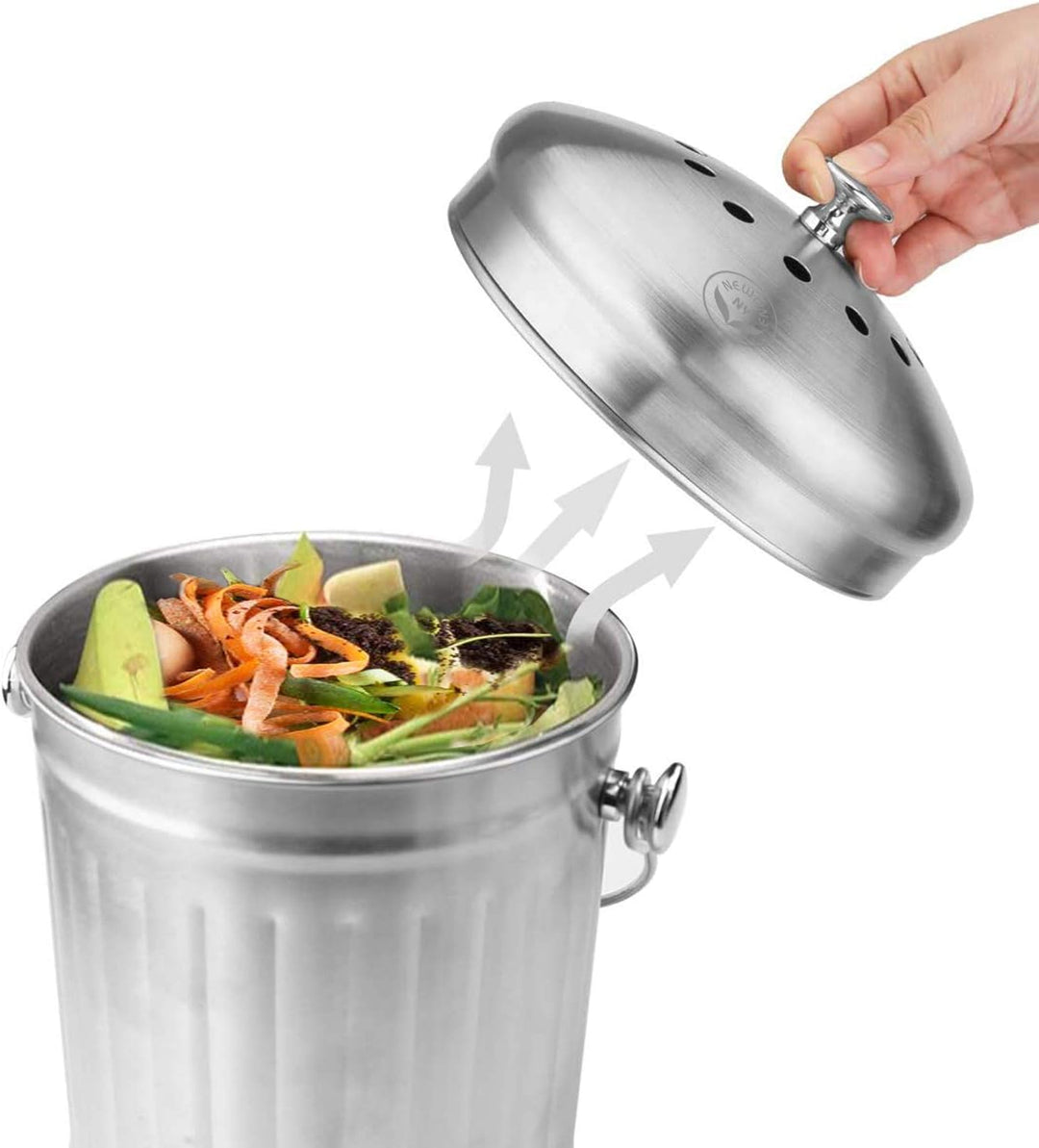 NewlineNY Edelstahl-Komposteimer für Küchen-Arbeitsplatte, 3,5 Liter Recycling-Eimer mit 2 Kohlefilt