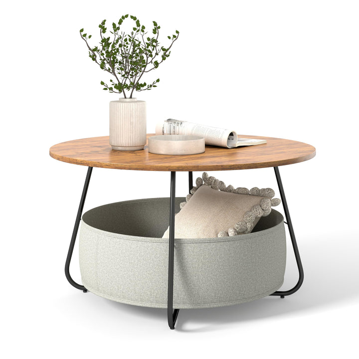 Manora Couchtisch Rund Braun mit Stoffkorb & Stauraum,Runder Wohnzimmertisch mit Korb,Moderner Sofat