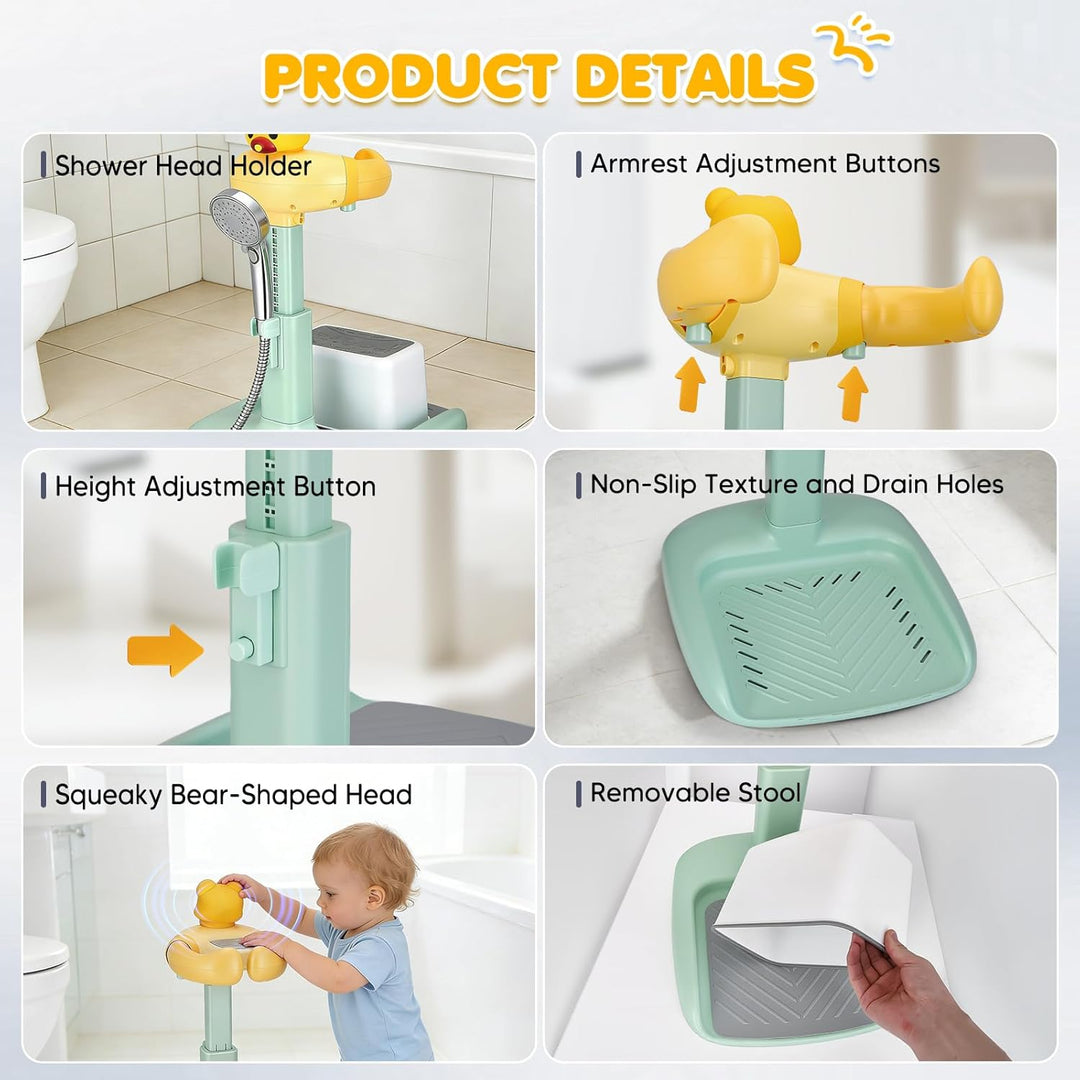 Baby Dusche Ständer, Höhenverstellung 47-62cm, Badestuhl mit Anti-Rutsch Basis & herausnehmbarem Hoc