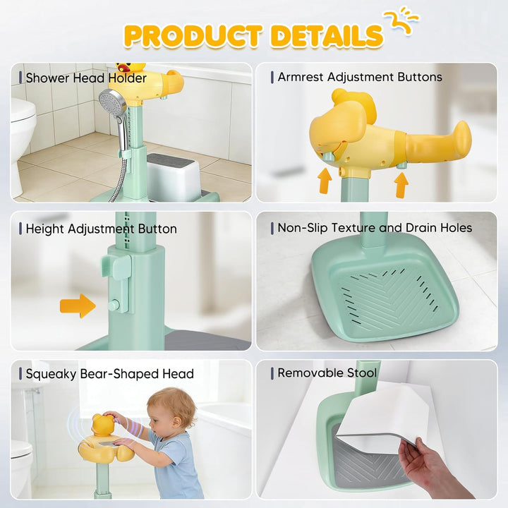 Baby Dusche Ständer, Höhenverstellung 47-62cm, Badestuhl mit Anti-Rutsch Basis & herausnehmbarem Hoc