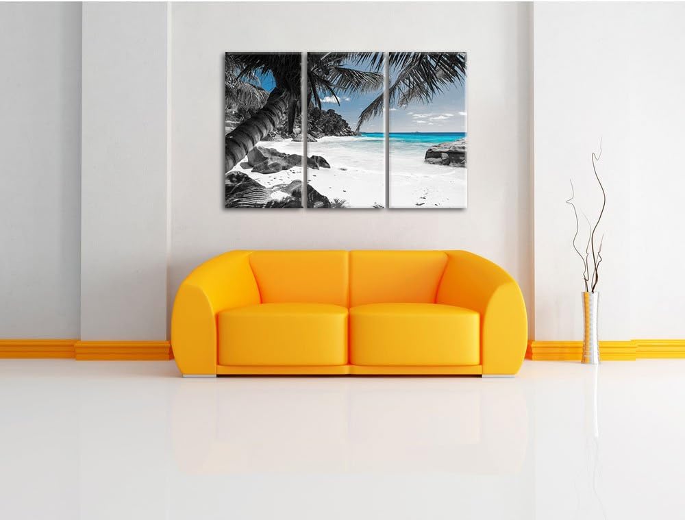 Pixxprint Palmenstrand Seychellen als Leinwandbild | Grösse: 3 Teilig (120x80) | Wandbild| Kunstdruc