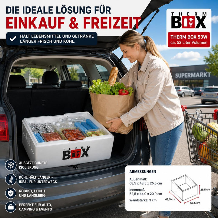 THERM BOX 53W Styroporbox 53 Liter für E2 Kiste Innen 62,5x44x20cm Wandstärke 3cm Thermobox Isolierb