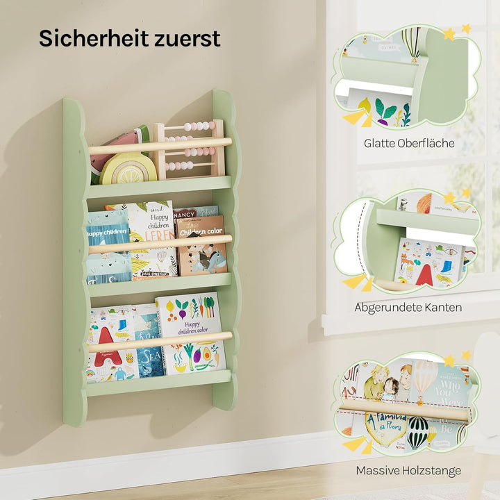 WOLTU Kinder Bücherregal Wandregal, Bücher-Organizer mit 3 Ablagen, Kinderregal für Buchaufbewahrung