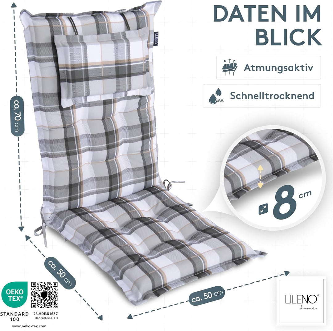 LILENO HOME Gartenstuhl Auflagen als [2er Set - Hochlehner] in Karo Grau Y - Bequeme Liegen als Sitz