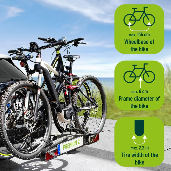 EUFAB 11521 Fahrradträger PREMIUM 2, E-Bike geeignet, komplett vormontiert, Diebstahlschutz, für 2 F
