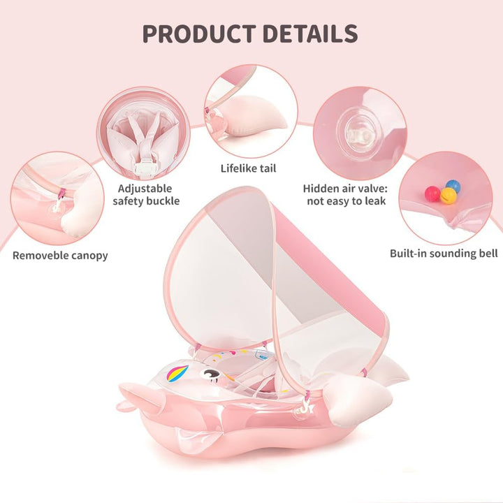 Baby Schwimmring mit Sonnendach Entfernbar, Schwimmring Baby mit Verstellbarer Sicherheitssitz, Kipp