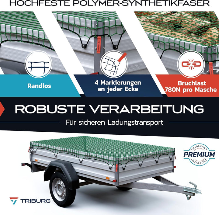 TRIBURG Anhängernetz 1,5x2,2 mit Eckmarkierungen - Anhänger Netz mit Spanngummi zur optimalen Ladung