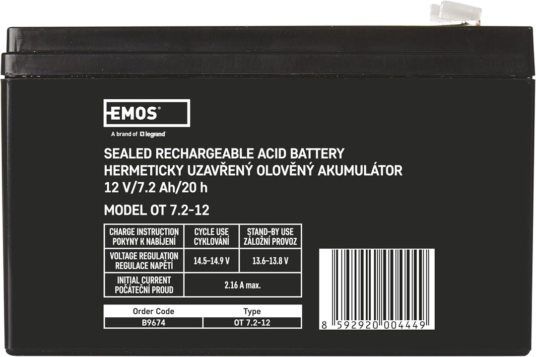EMOS - Wartungsfreier Bleiakku - 12V 7,2Ah - AGM Batterie - Faston 6,3mm Anschluss - Für USV-Geräte,