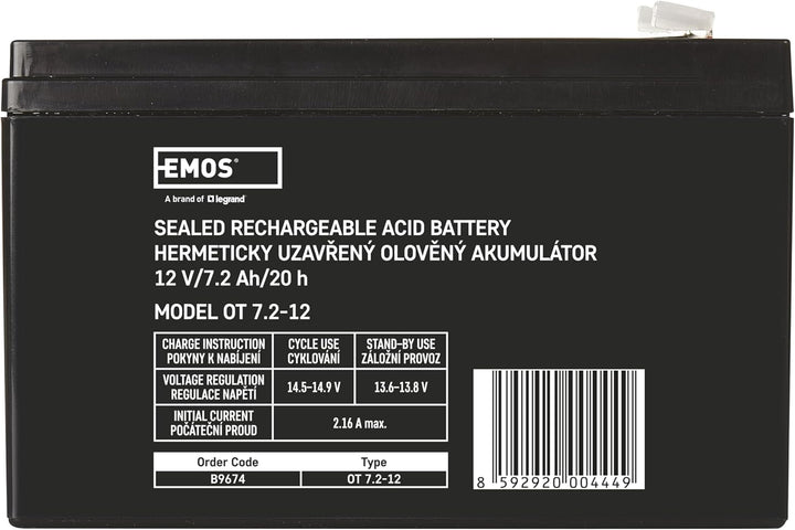 EMOS - Wartungsfreier Bleiakku - 12V 7,2Ah - AGM Batterie - Faston 6,3mm Anschluss - Für USV-Geräte,