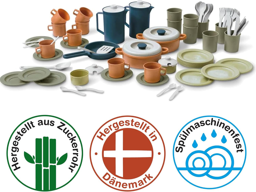 Dantoy Bio Kaffee & Essgeschirr Set 79-teilig aus Zuckerrohr – Teller, Tassen & Besteck | Rollenspie