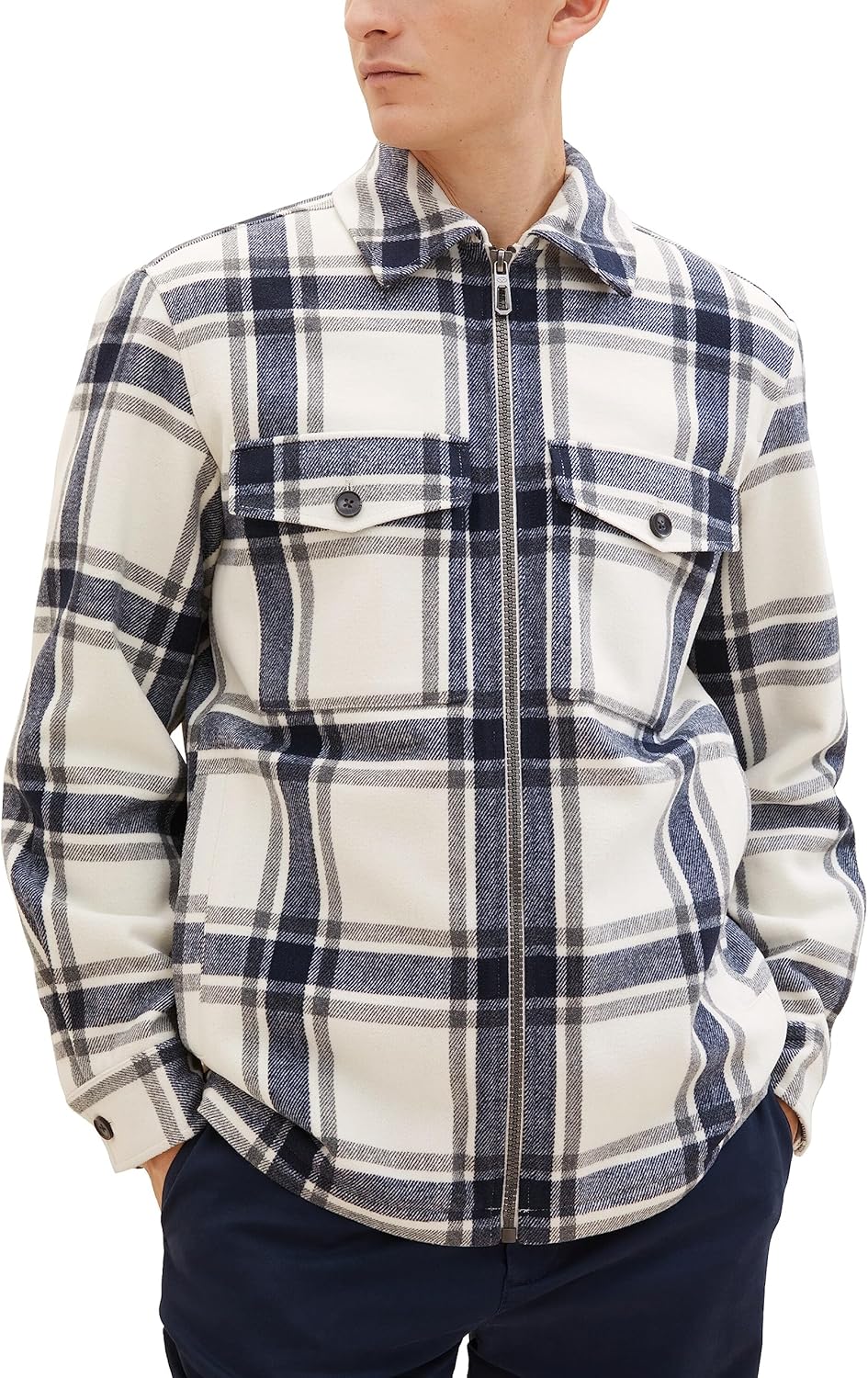 TOM TAILOR Herren Flanell Karo-Jacke mit Teddyfell im Innenfutter M 32517-beige Wool Check, M 32517-