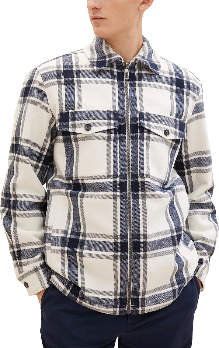 TOM TAILOR Herren Flanell Karo-Jacke mit Teddyfell im Innenfutter M 32517-beige Wool Check, M 32517-
