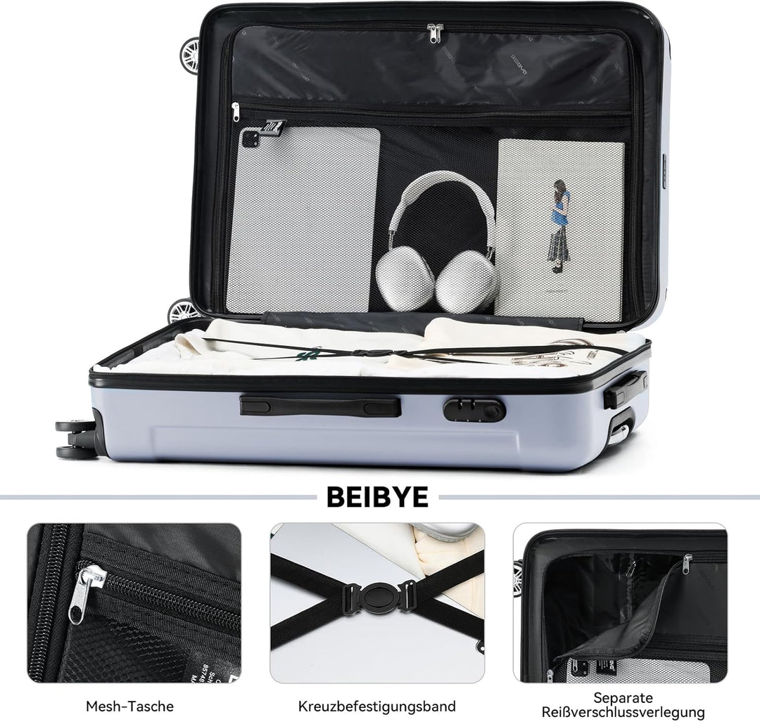 BEIBYE Hartschalen-Koffer Trolley Rollkoffer Reisekoffer Handgepäck 4 Rollen (M-L-XL-Set) (Silber, M