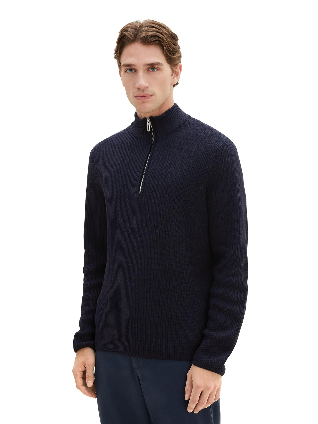 TOM TAILOR Herren Mouliné Strick-Pullover mit Troyer-Kragen L 13160 - Knitted Navy Melange, L 13160