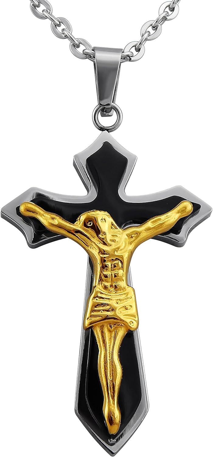 Hanessa Herren-Schmuck Kreuz Halskette Jesus Christ Edelstahl in Gold / Schwarz / Silber Geschenk zu