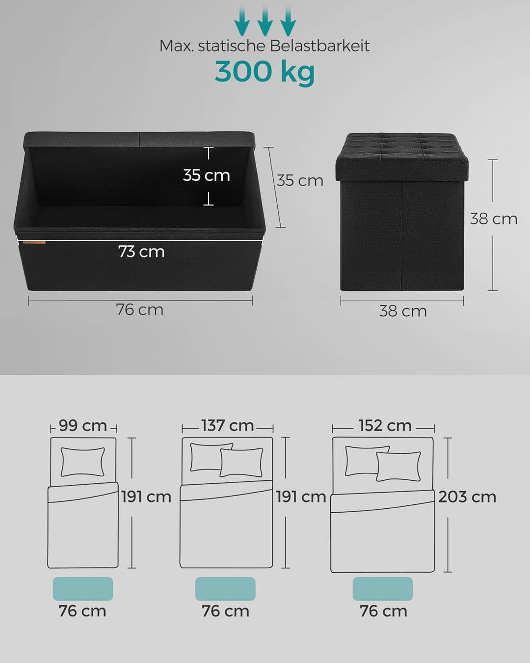 SONGMICS Sitzbank mit Stauraum, klappbare Sitztruhe, Aufbewahrungsbox, 38 x 76 x 38 cm, Deckel klapp
