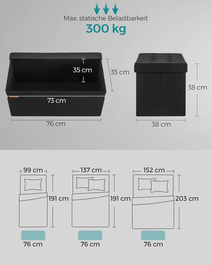SONGMICS Sitzbank mit Stauraum, klappbare Sitztruhe, Aufbewahrungsbox, 38 x 76 x 38 cm, Deckel klapp
