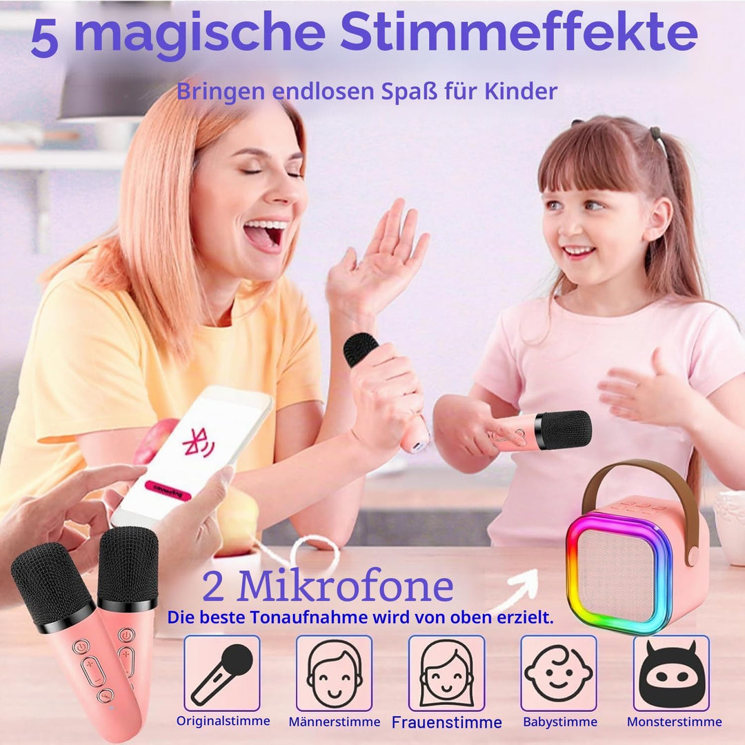 Karaoke Maschine für Kinder mit 2 Bluetooth Mikrofonen,Tragbare Kinder Karaoke-Lautsprecher,Mini Blu