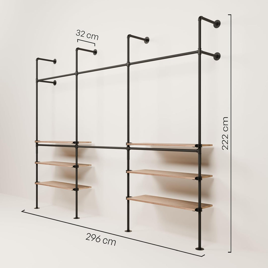 pamo Kleiderstange Wandmontage 460 kg Traglast - offener Kleiderschrank industrial schwarz aus Metal