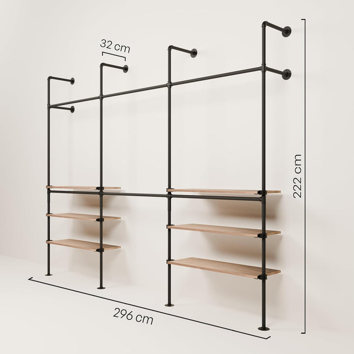 pamo Kleiderstange Wandmontage 460 kg Traglast - offener Kleiderschrank industrial schwarz aus Metal