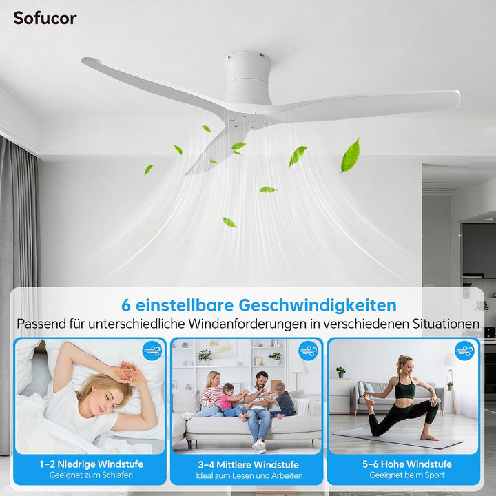 Sofucor 132cm Deckenventilator mit Fernbedienung, Massivholz Deckenventilator ohne Licht, Leise DC M